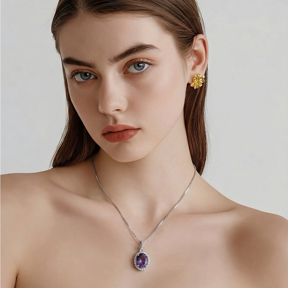Amethyst Sterling Silver Pendant Necklace with Diamonds
